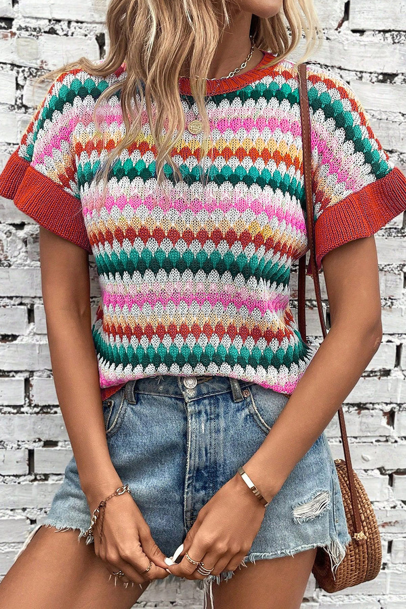 Fiery Red Colorblock Striped Ruffle Sleeve Knit Top