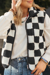 Black Checkered Sherpa Collared Jacket Vest