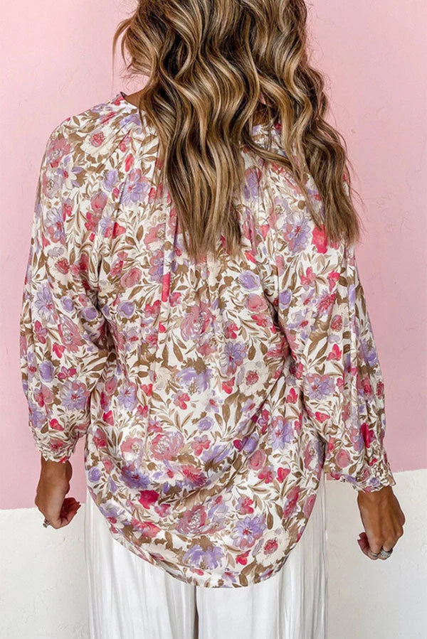 Red Floral Print Buttoned Puff Sleeves Shirt