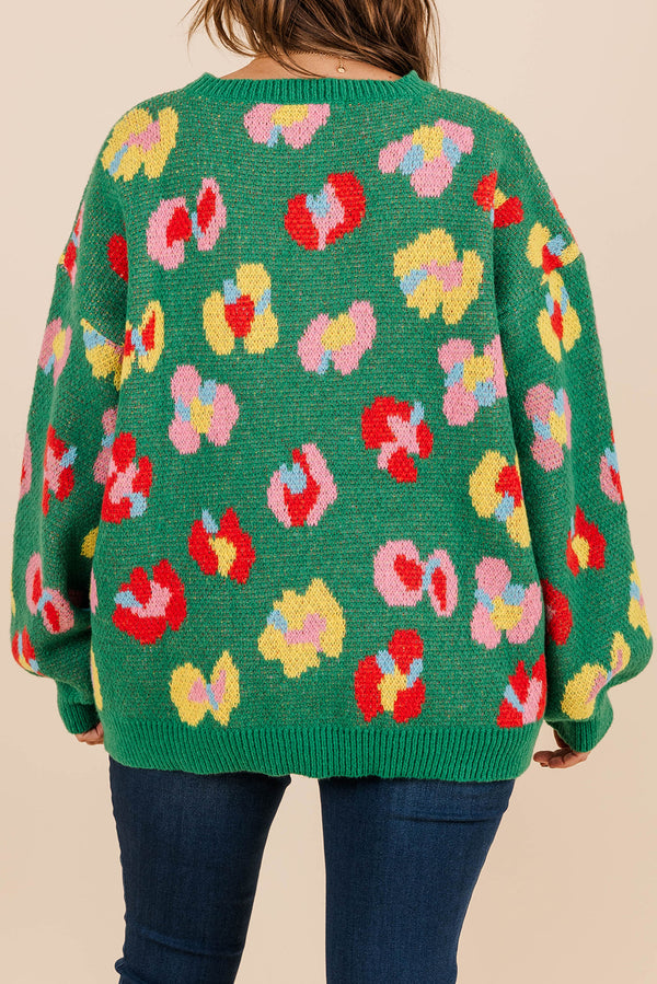 Green Plus Size Floral Knitted Drop Shoulder Sweater