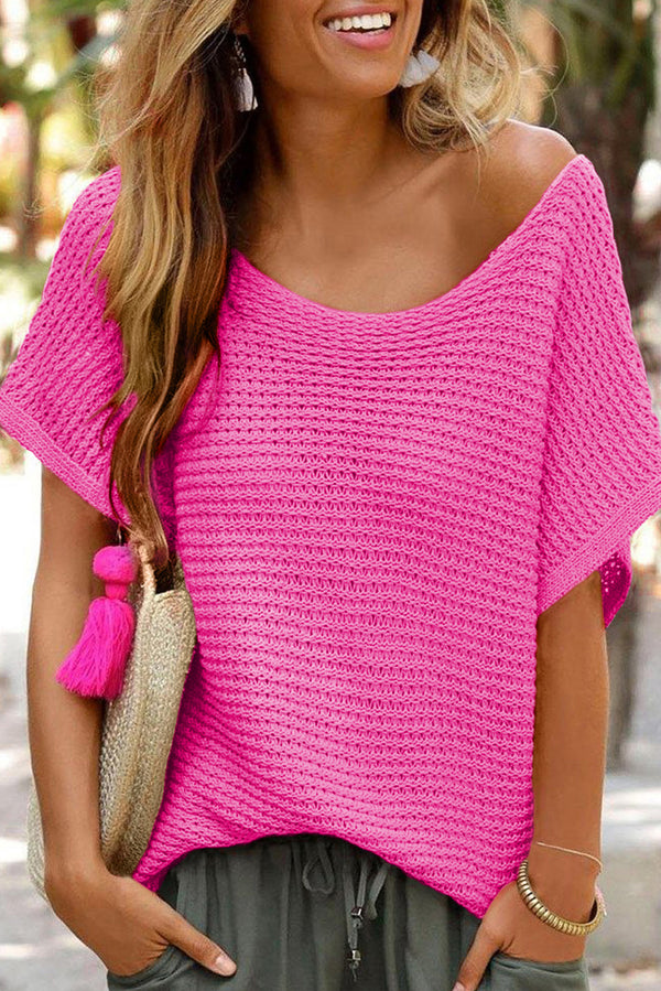 Pink Plain Knit Loose Batwing Sleeve Blouse