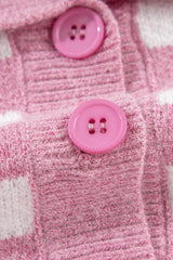 Pink Checkered Buttons Collar V Neck Drop Shoulder Sweater