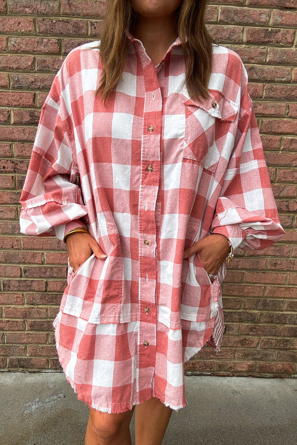 Pink Plaid Oversized Raw Hem Long Sleeve Dress