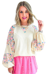 Apricot Ribbed Floral Patchwork Balloon Sleeve Top