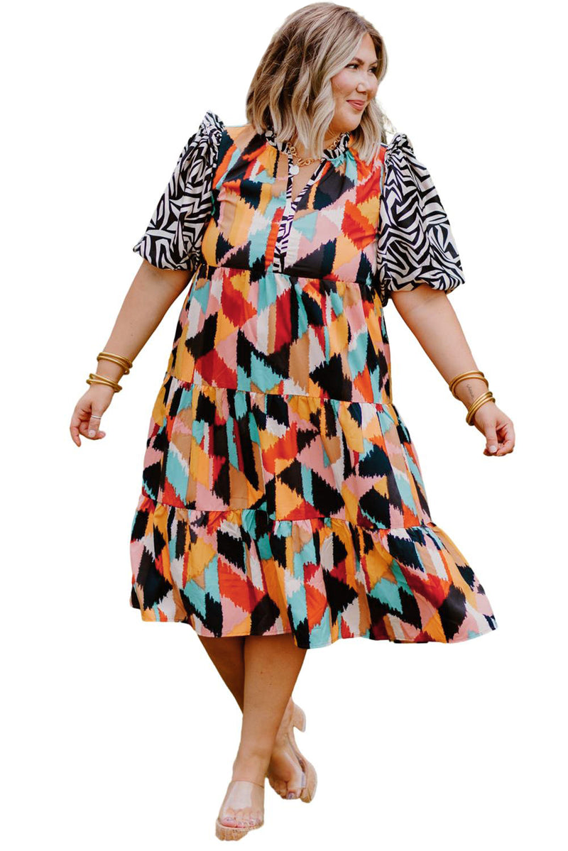 Pink Abstract Print Contrast Puff Sleeve Tiered Plus Size Dress