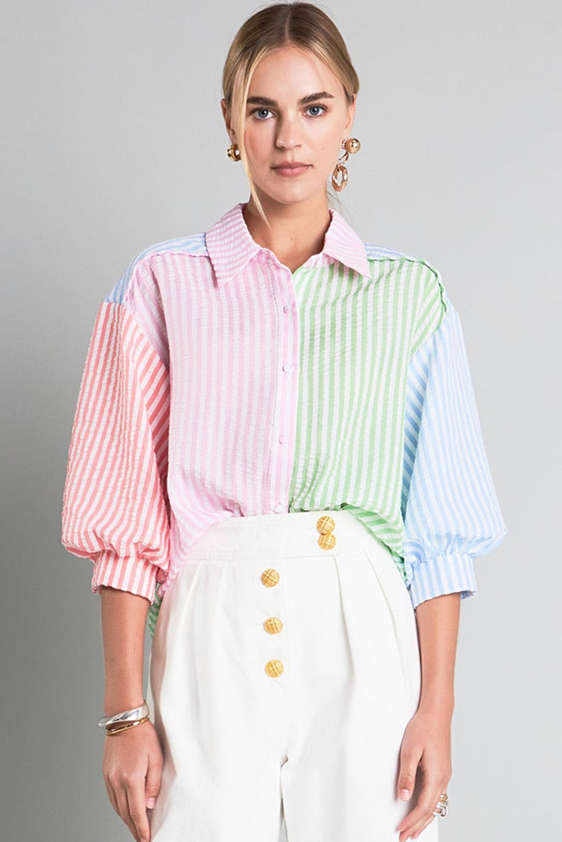 Pink Stripe Color Block Balloon Sleeve Button Loose Fit Shirt