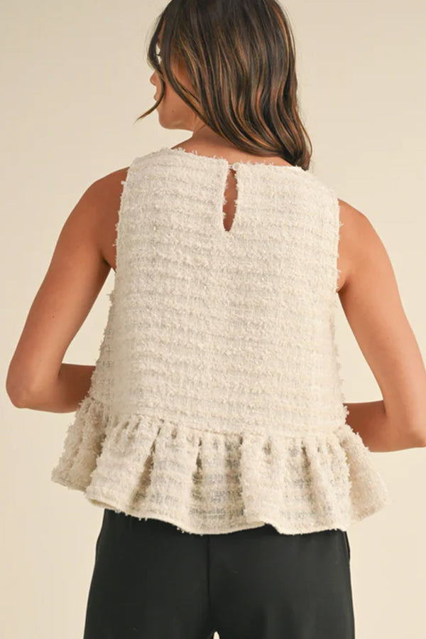 White Frayed Textured Ruffle Hem Sleeveless Top