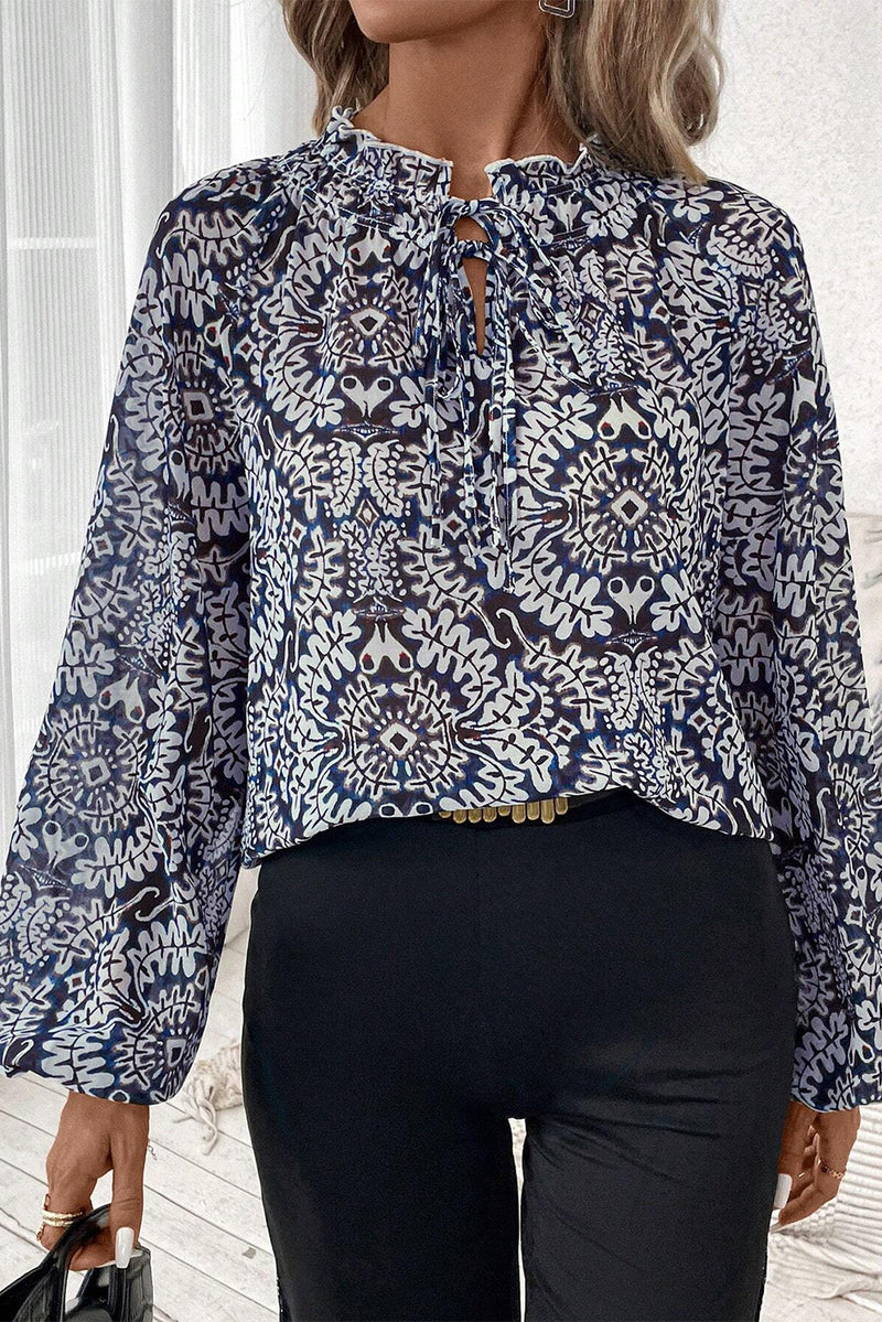 Blue Ethnic Print Lace-up Frill Neck Loose Blouse