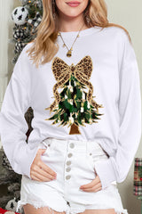 Beige Glittering Leopard Bow Christmas Tree Graphic Pullover Sweatshirt