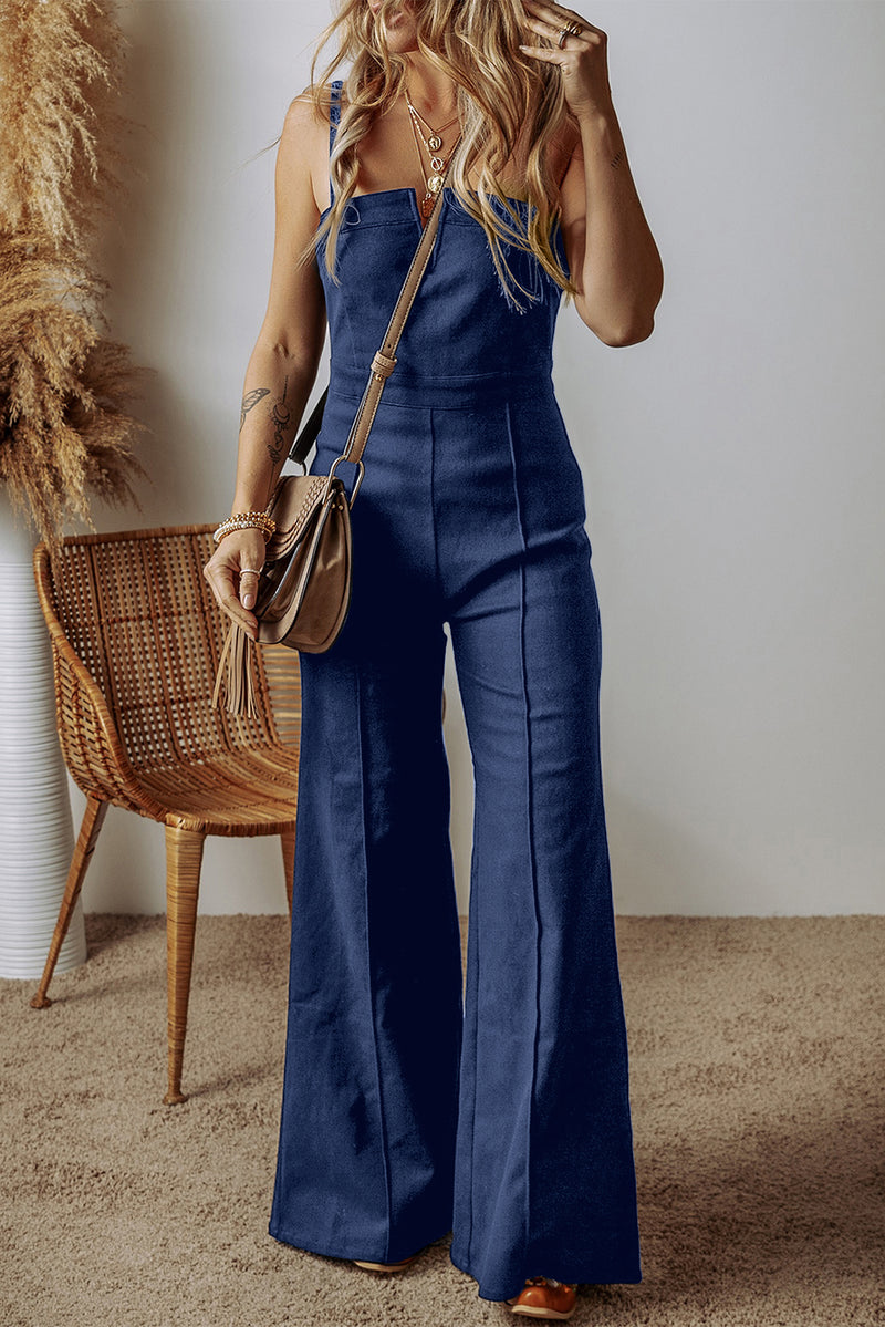 Sail Blue Seamed Zipper Spaghetti Strap High Waist Flared Jumpsuit