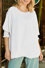 White Plain & Casual Shirred Cuffs Half Sleeve Top