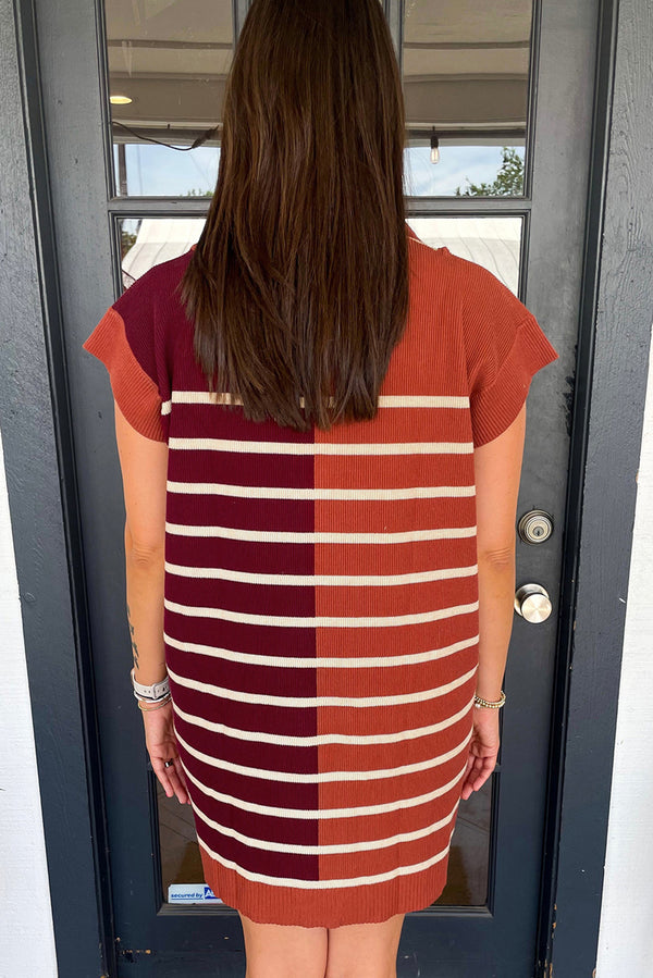 Brown Stripe Color Block Short Sleeve Quarter Zip Mini Dress