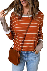 Brown Contrast Spliced Colorblock Cuffed Rib Knit Top