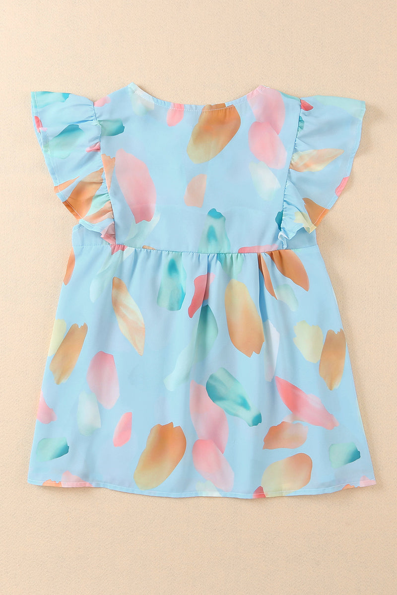 Light Blue Abstract Print Ruffle Sleeveless Blouse