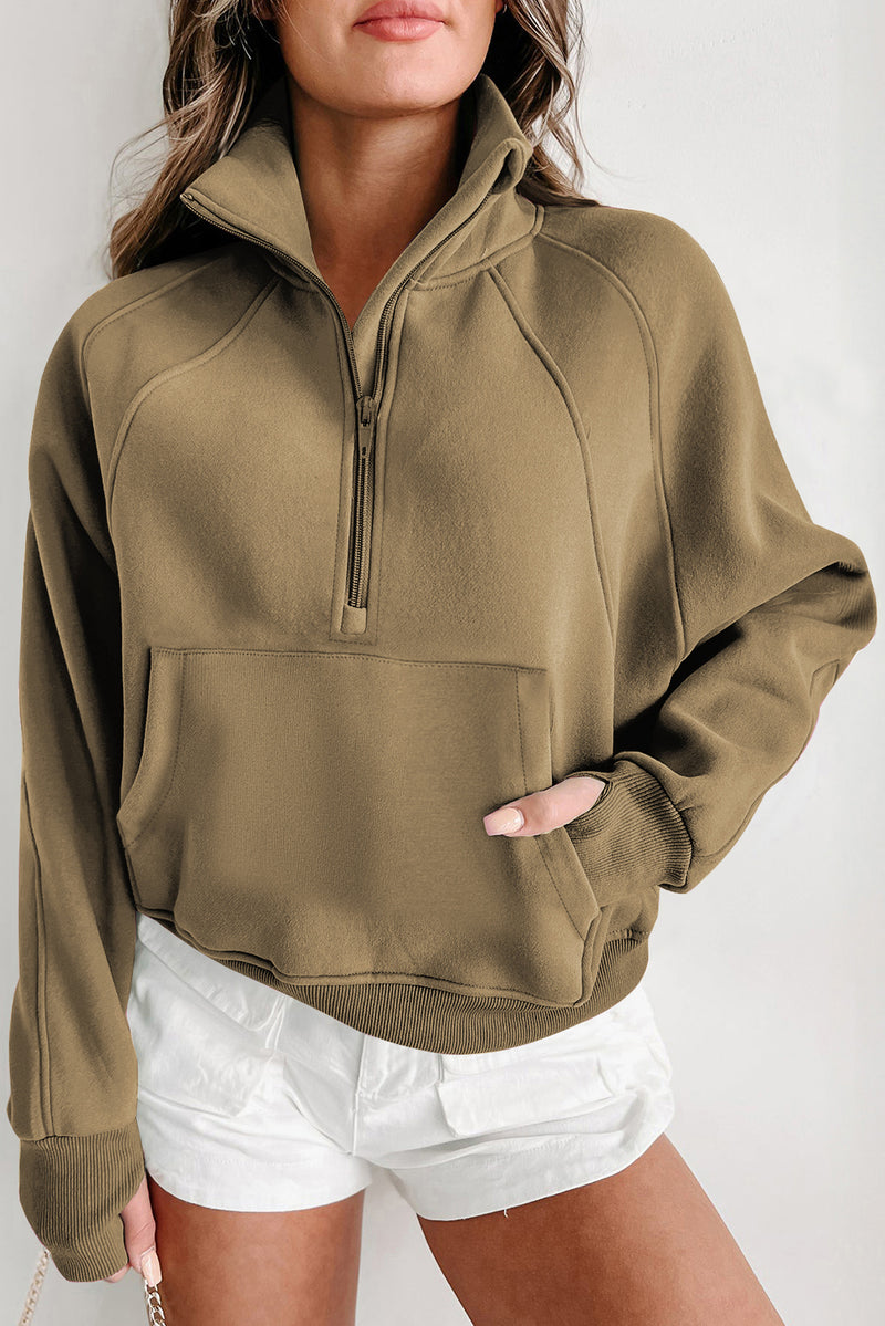 Flamingo Zip Up Stand Collar Ribbed Thumbhole Sleeve Sweatshirt