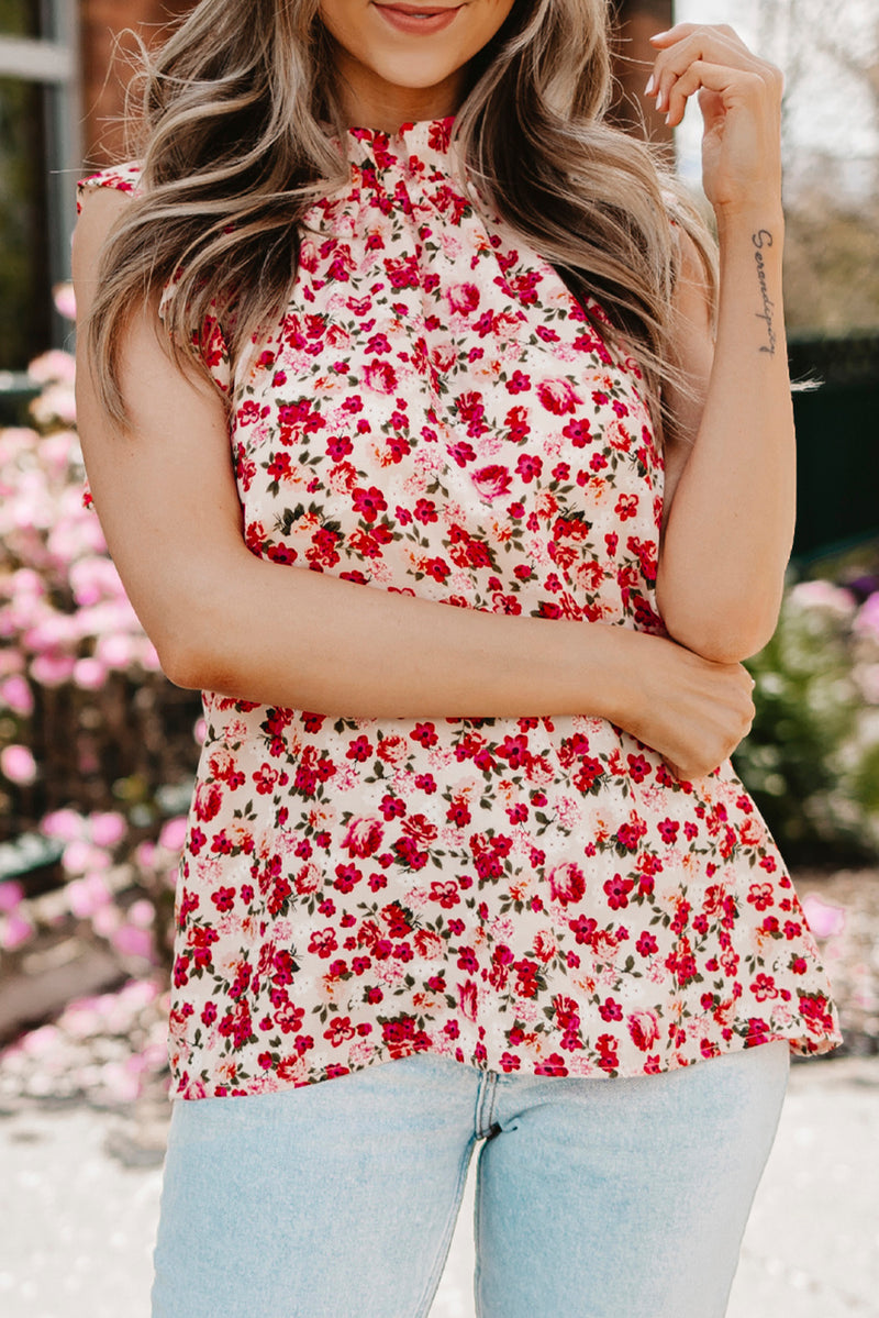 Red Boho Floral Print Ruffled Mock Neck Sleeveless Shirt