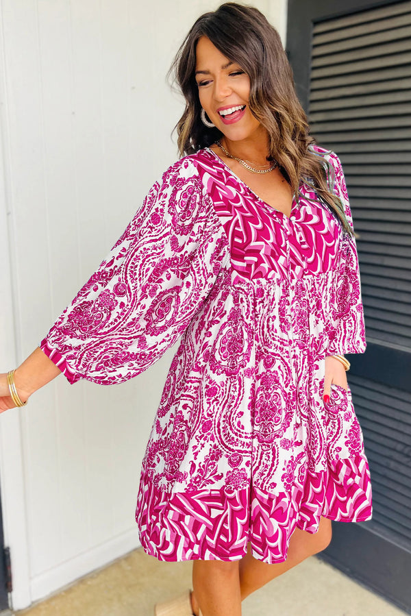 Rose Bohemian Print Lantern Sleeve V Neck Flared Mini Dress