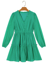 Sea Green Frill V Neck Puff Sleeve Drawstring Mini Dress