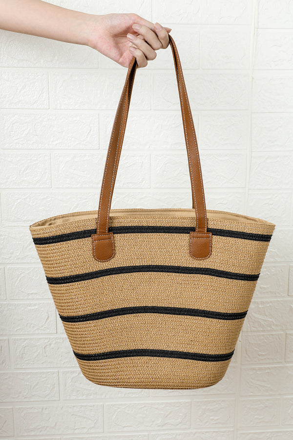 Black Vacation Straw Woven Striped One Shoulder Bag