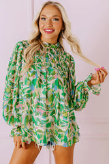 Green Abstract Print Puff Sleeve Frill Neck Shirred Blouse