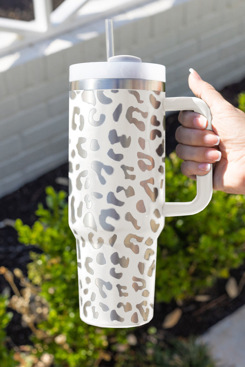 Green 40oz Stainless Steel Portable Leopard Tumbler Mug With Handle