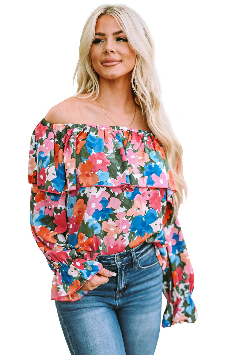 Multicolor Bohemian Floral Print Shirred Ruffle Off Shoulder Blouse