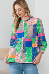 Multicolor Floral Patchwork Buttoned Puff Sleeve Shirt