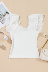 White Eyelet Ruffle Sleeve Slim Fit Top