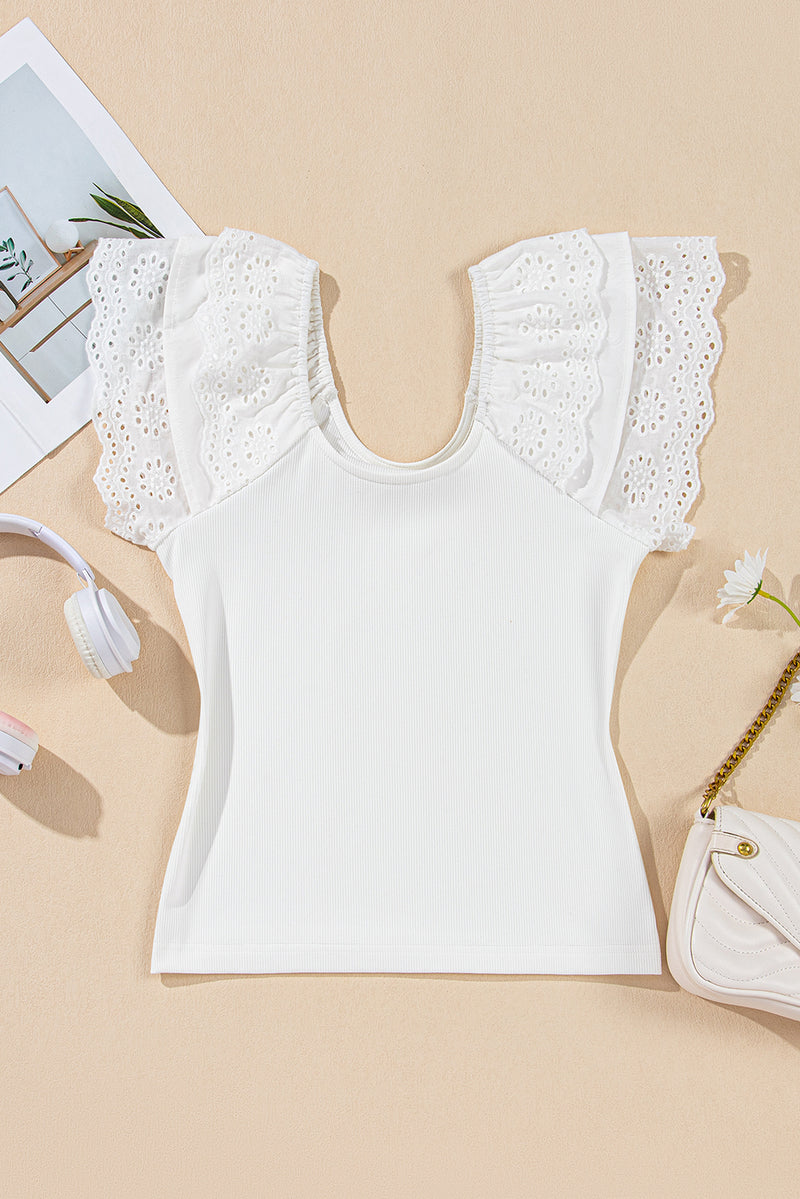 White Eyelet Ruffle Sleeve Slim Fit Top