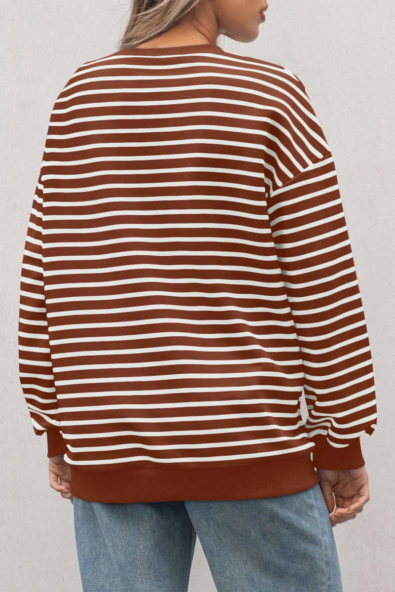 Coffee Striped Long Sleeve Round Neck Loose Fit Sweatshirt