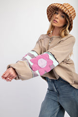 Light French Beige Flower Striped Patchwork Sleeve Plus Size Sweatshirt