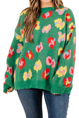 Green Plus Size Floral Knitted Drop Shoulder Sweater