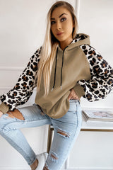 Khaki Leopard Bishop Sleeve Drawstring Hoodie