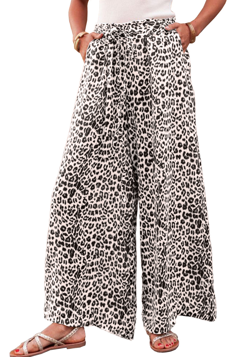 Beige Boho Leopard Print Wide Leg Pants