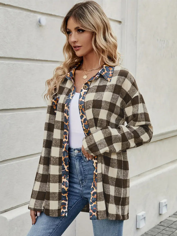 Leopard Trim Plaid Collared Neck Long Sleeve Shirt