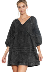 Black Dark Wash Empire Waist V Neck Denim Dress