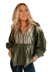 Green Embroidered Split Neck Pleated Loose Blouse