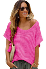 Pink Plain Knit Loose Batwing Sleeve Blouse