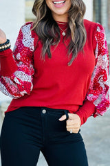 Fiery Red Mixed Animal Print Sleeve Ribbed Top