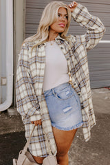 White Plaid Print Tunic Side Slits Plus Size Shacket