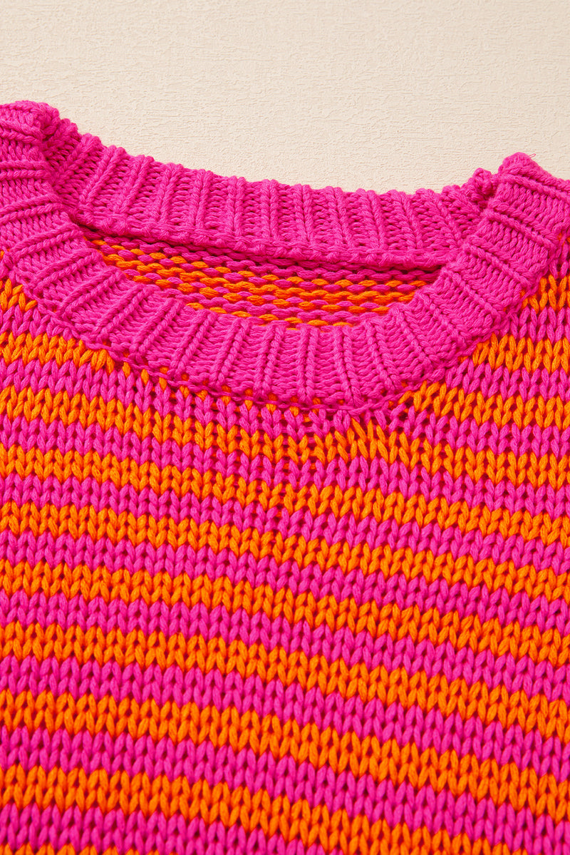 Rose Striped Puff Sleeve Round Neck Sweater