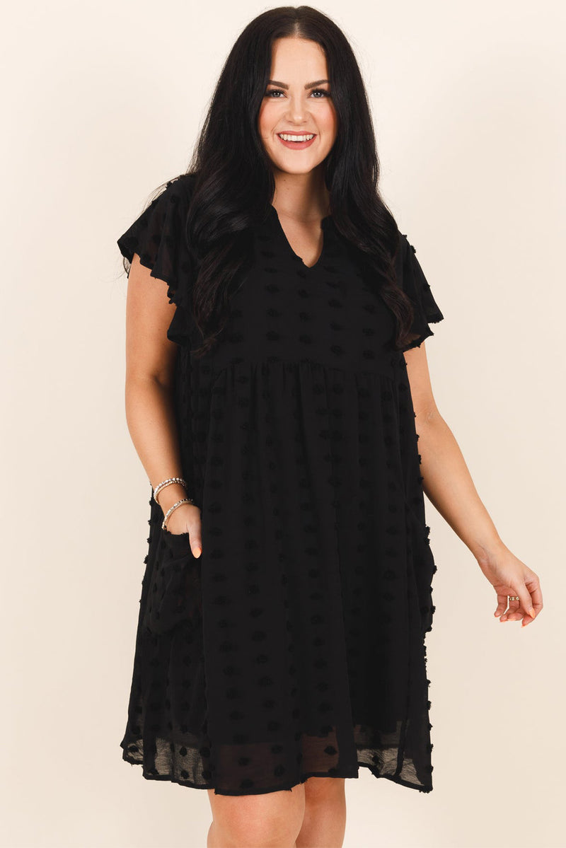 Black Dotty Textured Notched Neck Ruffle Plus Size Dress