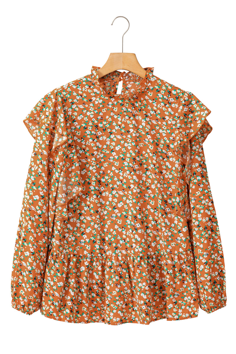 Orange Ditsy Floral Boho Ruffle Long Sleeve Blouse