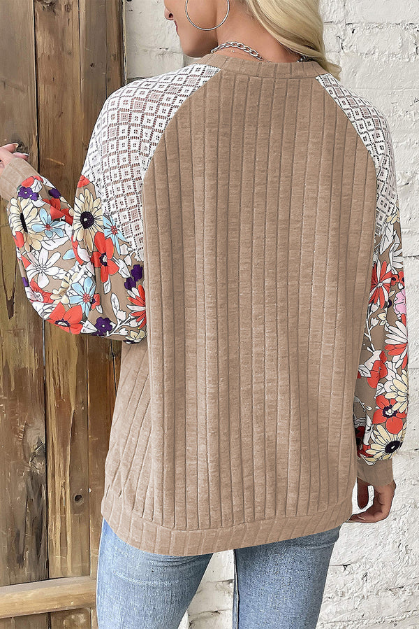 Parchment Floral Patchwork Raglan Sleeve Ribbed Blouse