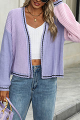 Purple Knit Color Block Open Front Cardigan