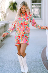 Multicolor Abstract Print Long Sleeve Shirt Dress