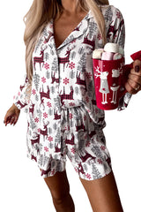 White Christmas Deer Printed Shirt and Shorts Loungewear Set