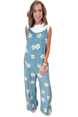 Blue 60s Flower Spaghetti Strap Pocket Drop Waist Jumpsuit