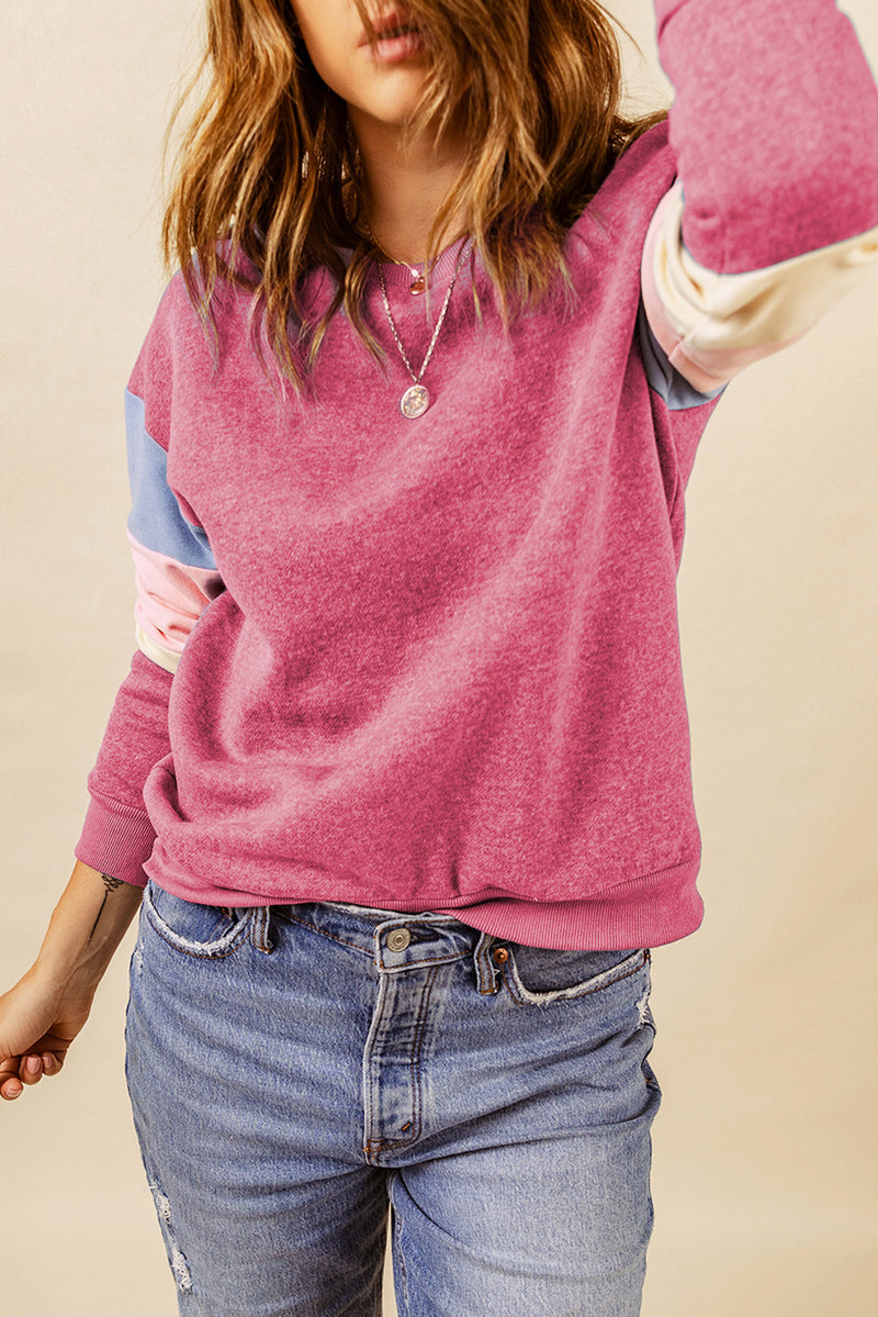 Rosy Color Block Casual Drop Sleeve Sweatshirt