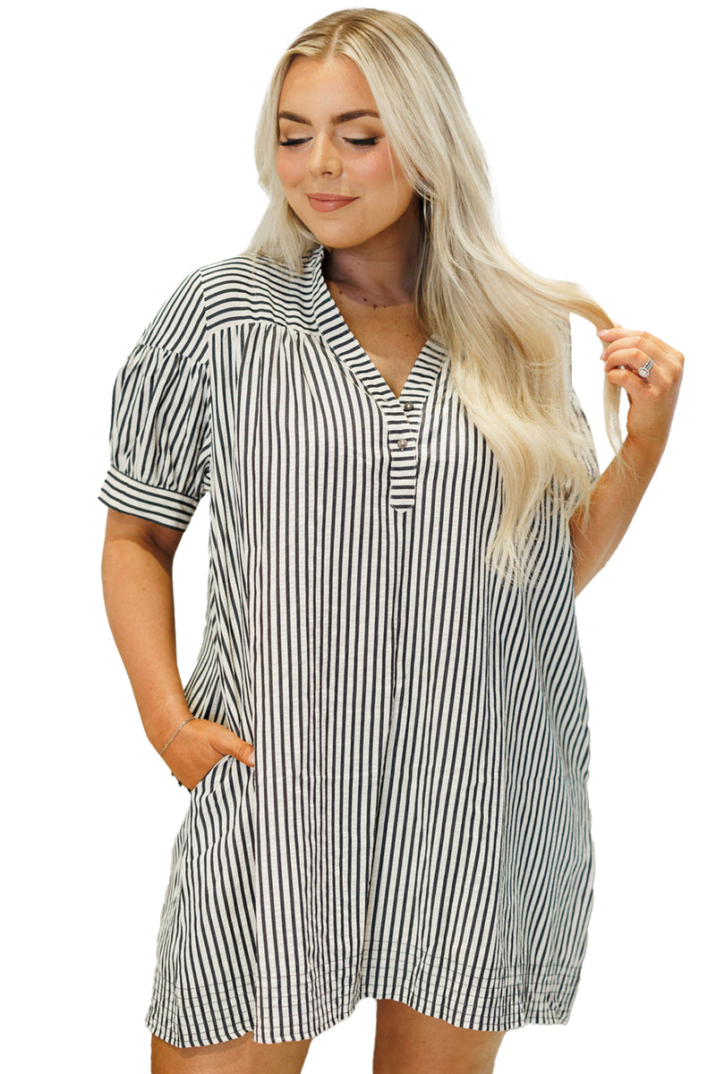 Black Stripe Buttoned V Neck Pocketed Plus Size Mini Dress